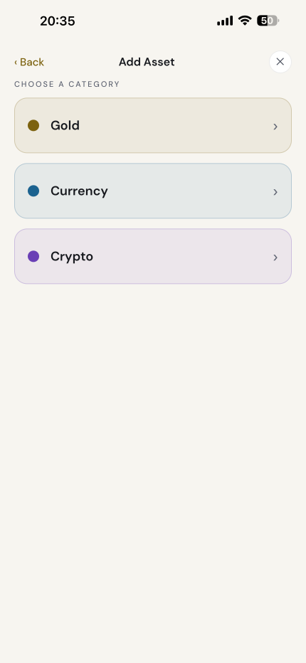 Start by choosing a category: gold, currency or crypto