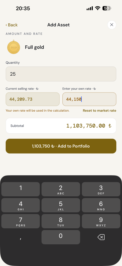 Enter the quantity and your own selling rate