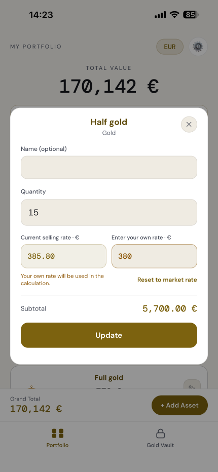 Enter your own selling rate and the total follows it