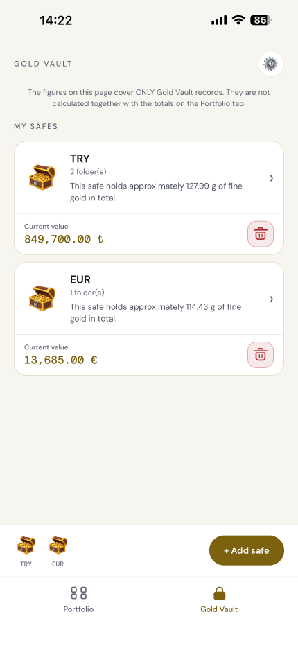 Gold Vault: a separate safe per currency — TRY, USD, EUR, GBP