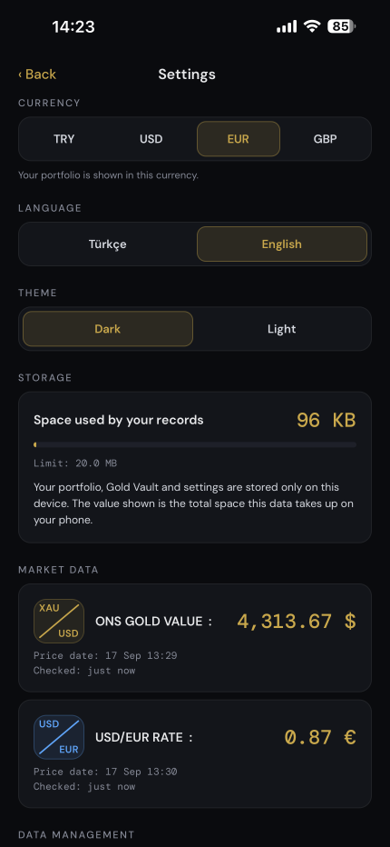 Currency, language, theme, storage and market data in one place