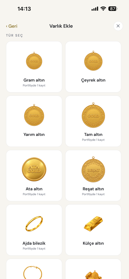 Altın türünü seçin: gram, çeyrek, tam, ata, reşat, bilezik, külçe