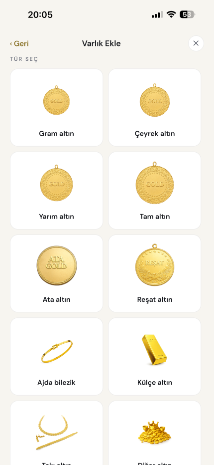 Altın türünü seçin: gram, çeyrek, tam, ata, reşat