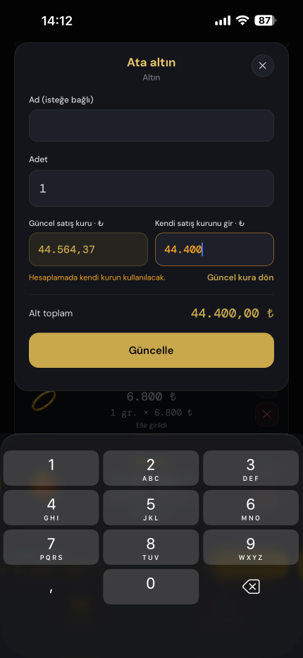 Kendi satış kurunuzu girin, hesap ona göre yapılsın