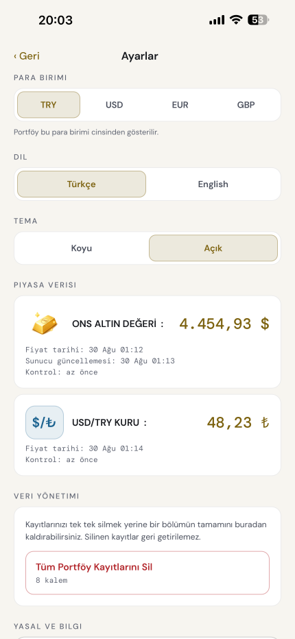 Para birimi, dil, tema ve piyasa verisi tek yerde