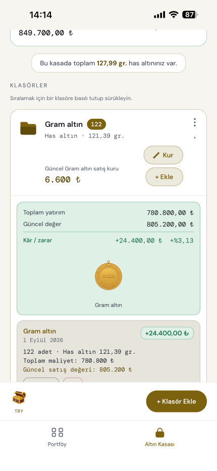 Her alım ayrı kayıt — klasör bazında toplam ve has altın