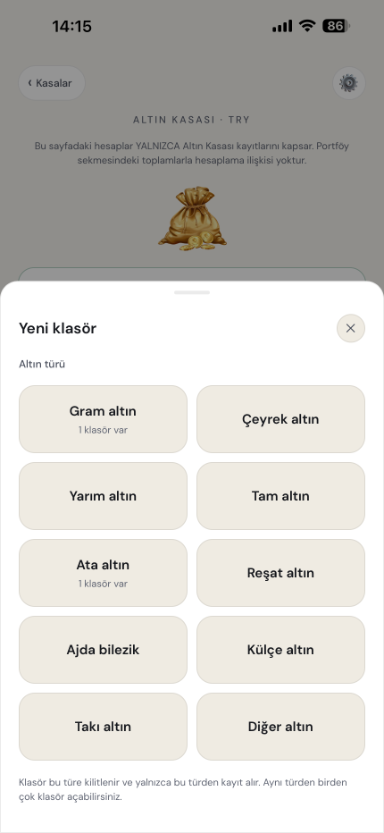 Her altın türü için klasör açın; aynı türden birden fazlası da olabilir