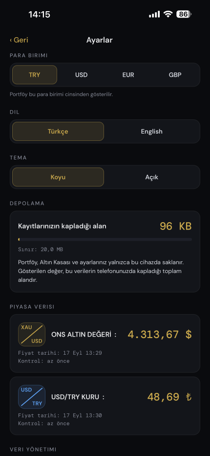 Para birimi, dil, tema, depolama alanı ve piyasa verisi tek yerde